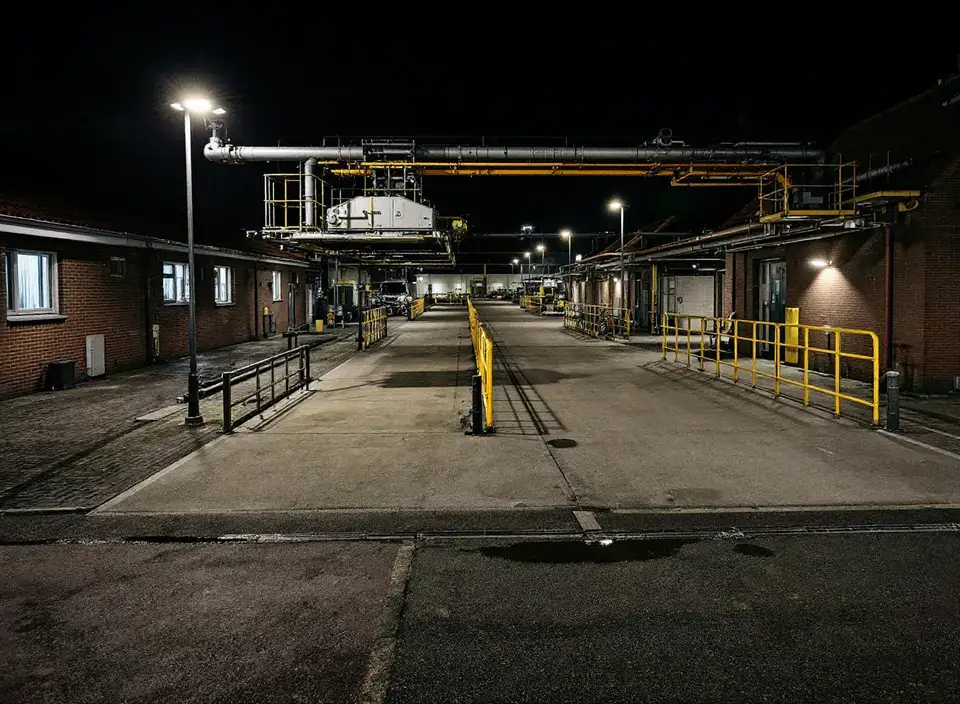 Een laadplaats van een brandstofdepot in de nacht, met stalen laadarmen en leidingen boven een lege betonnen rijstrook