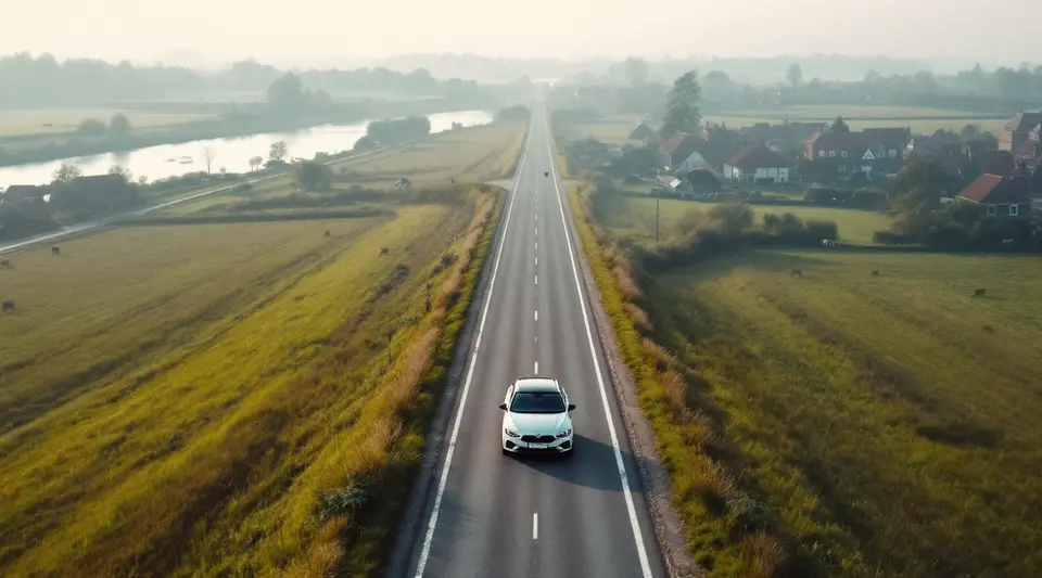 Een auto op een lange rechte weg door de polder, met een rivier aan de ene kant en een dorp aan de andere