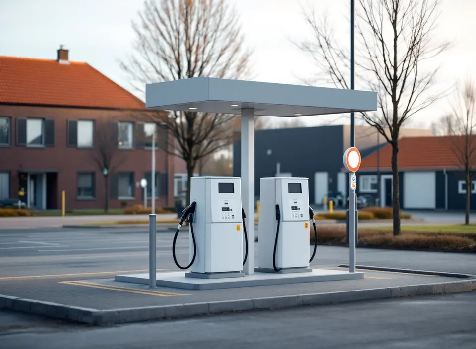 Een klein onbemand tankstation op een bedrijventerrein, met twee witte pompen onder een kleine luifel en geen winkel
