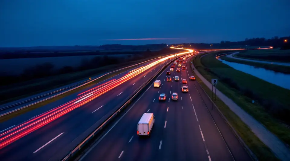Avondspits op een Nederlandse snelweg vanaf een voetgangersbrug, lange lijnen rode achterlichten en witte koplampen