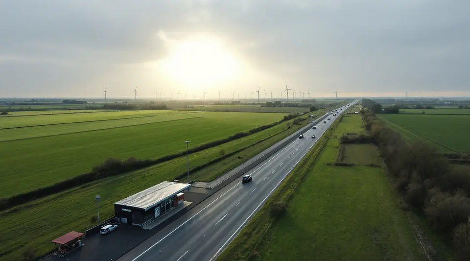 Een verzorgingsplaats langs een Nederlandse snelweg in de polder, van ver gezien, met windmolens aan de horizon